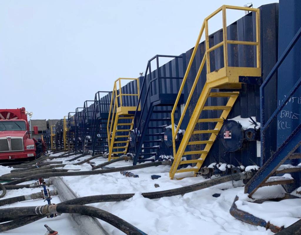 A train car with stairs going up it